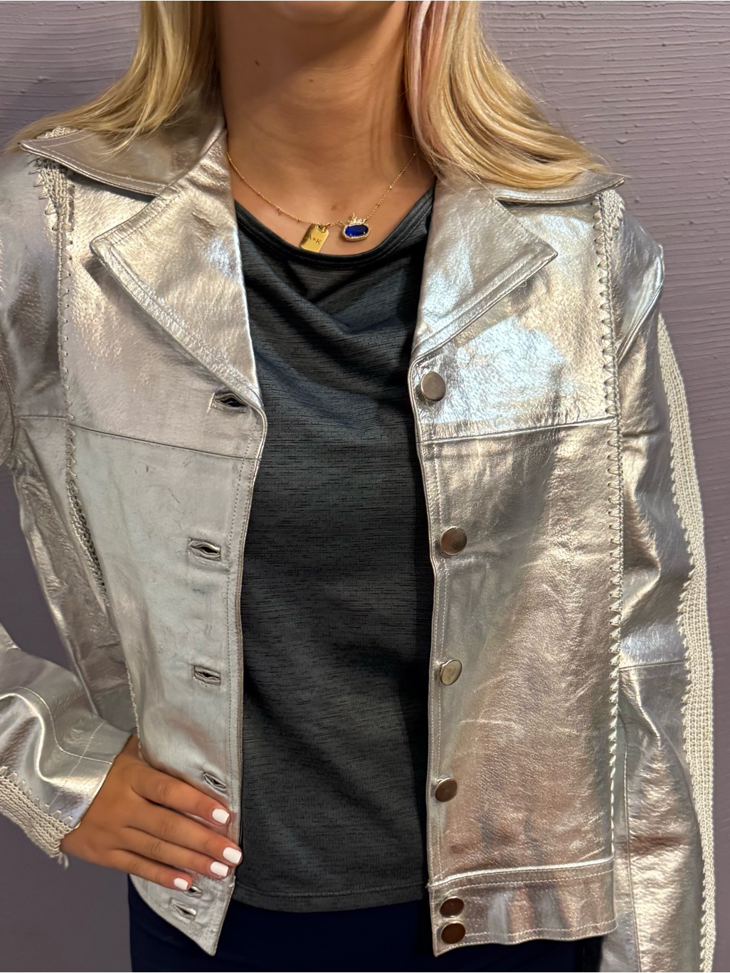 Women’s Metallic Silver Genuine Leather Coat Jacket